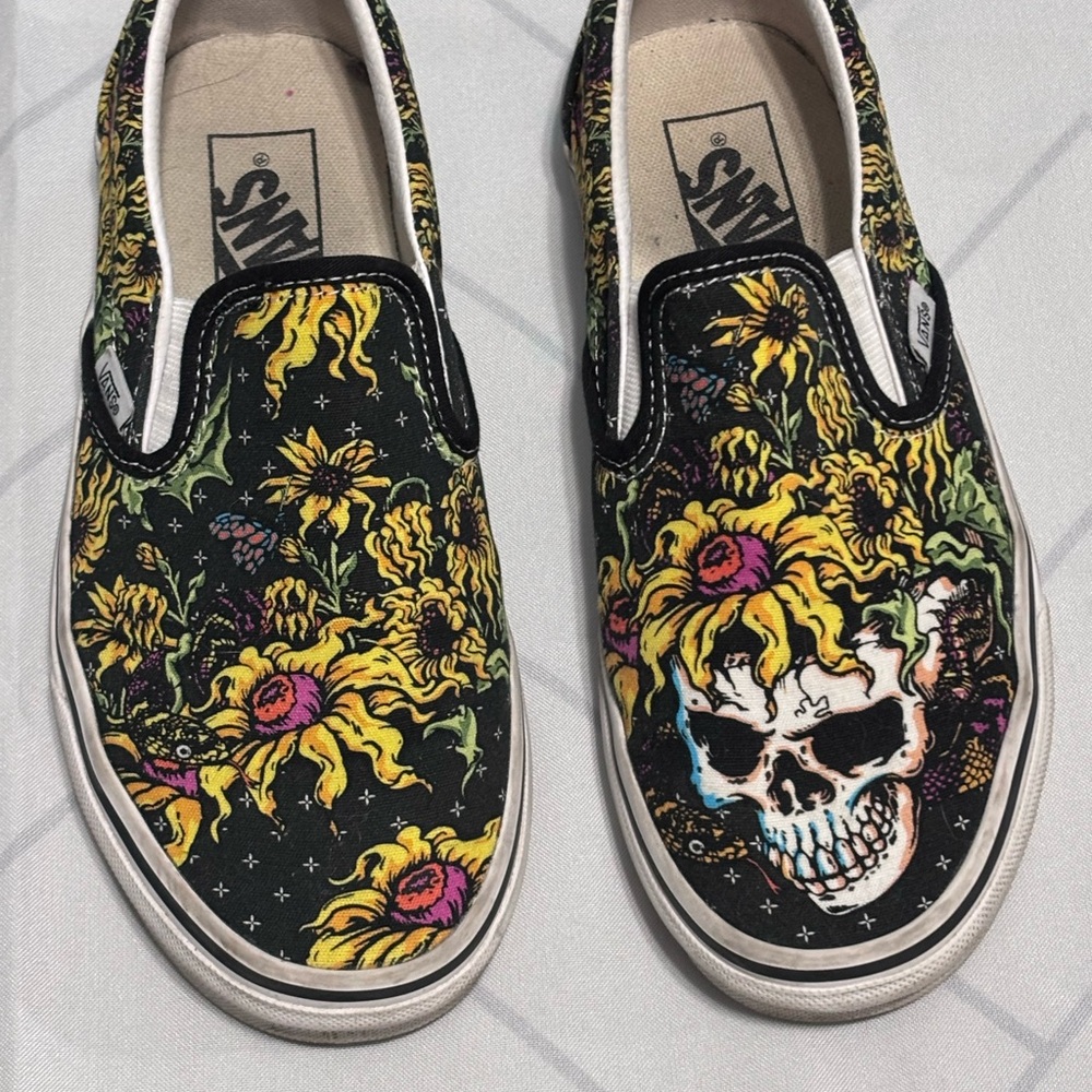 Vans Black and Yellow Slip-On Sneakers with Skull Design